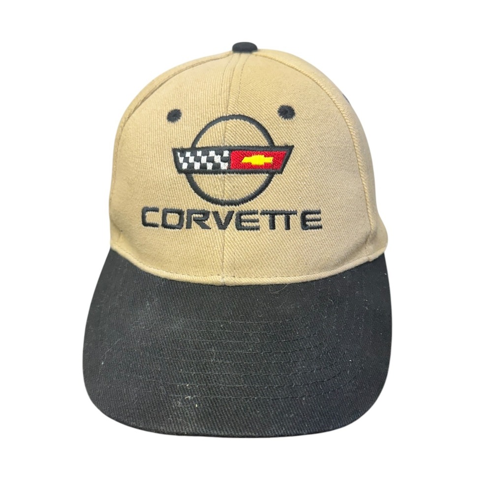 Corvette Baseball Cap Mens Tan Black Embroidered Logo‎ Hook & Loop  Hat Vintage